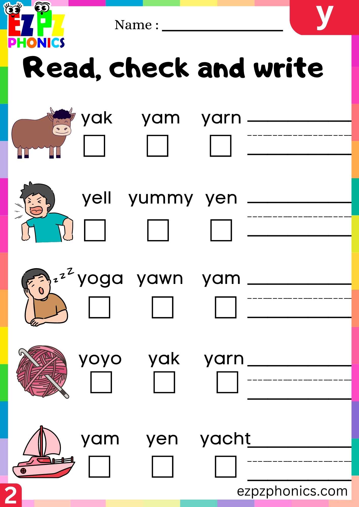Group2 Letter Y Read, Check And Write Beginning Sounds Worksheet